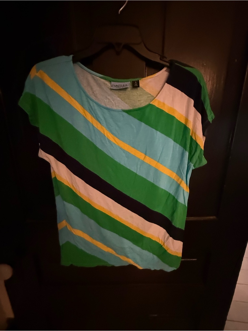 Cynthia Rowley Striped Short Sleeve Tee in Blue Green Yellow navy